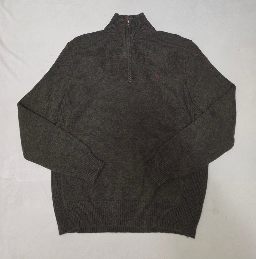 Polo Ralph Lauren Quarter Zip Sweater Mens M Italian Yarn Olive Brown Knit Pony